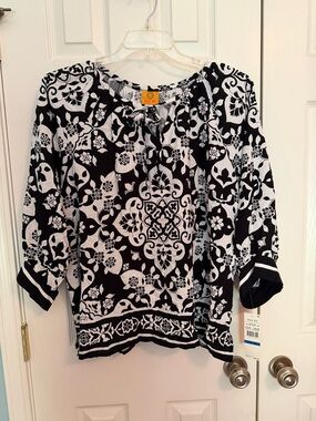Ruby Rd. Black & White Floral Medallion Peasant Blouse 3/4 sleeve XL NWT
